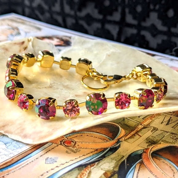 Metallic Pink Fuschia & Rose AB Swarovski Crystals in 14k Gold Plated Bracelet - Picture 5 of 5